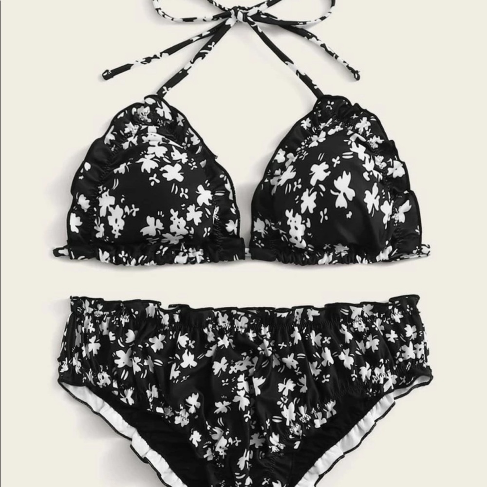 Floral print frill trim triangle bikini set